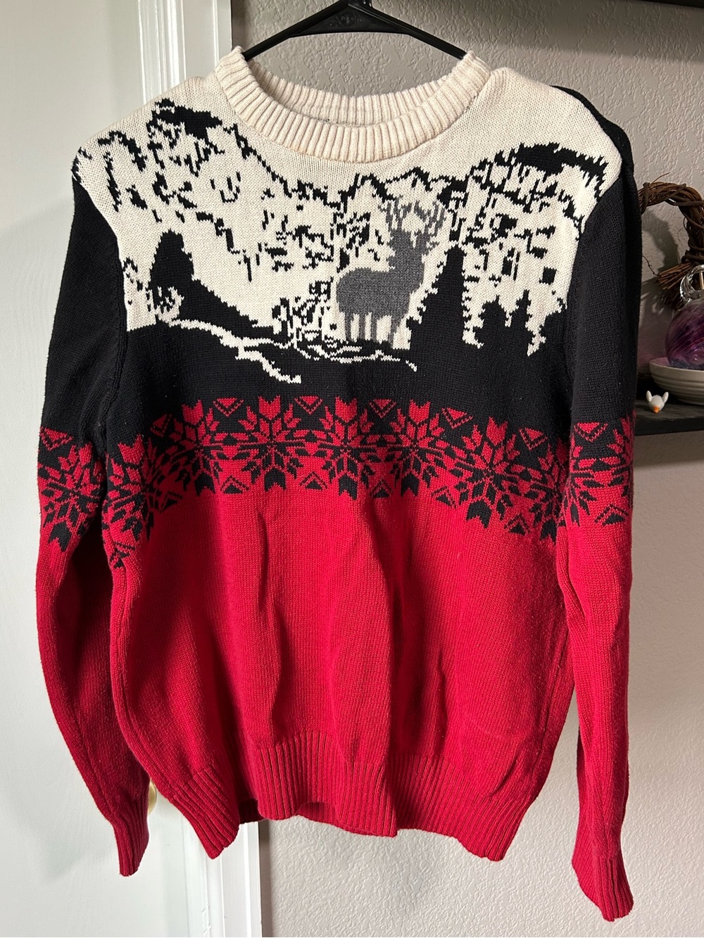Dockers Red Black and White Nordic Reindeer Crewneck Sweater